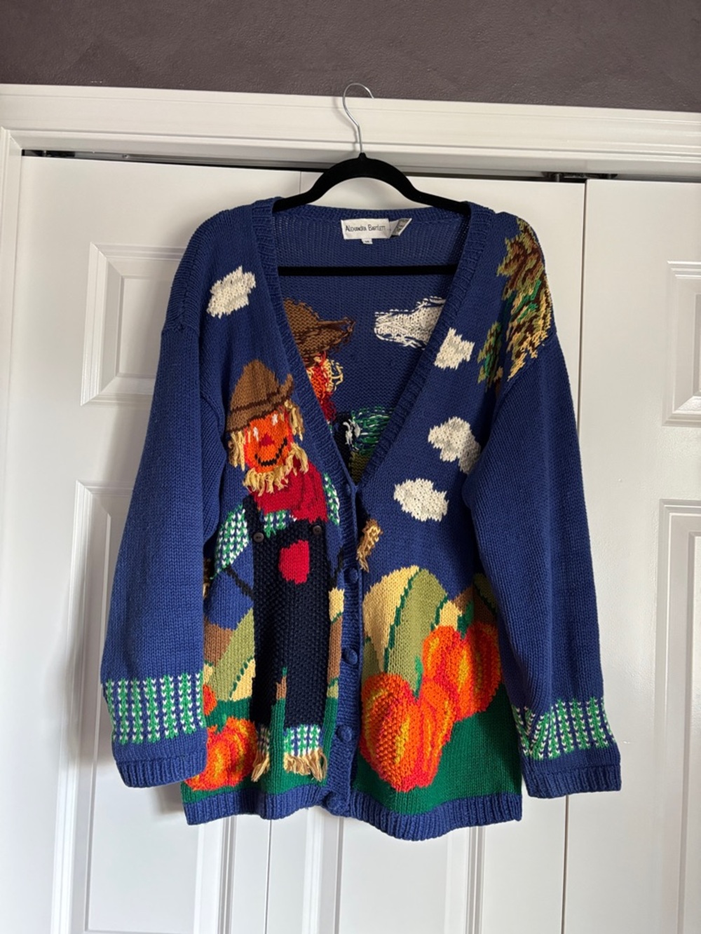 Vintage Alexandra Bartlett Navy Scarecrow & Pumpkin Knit Cardigan